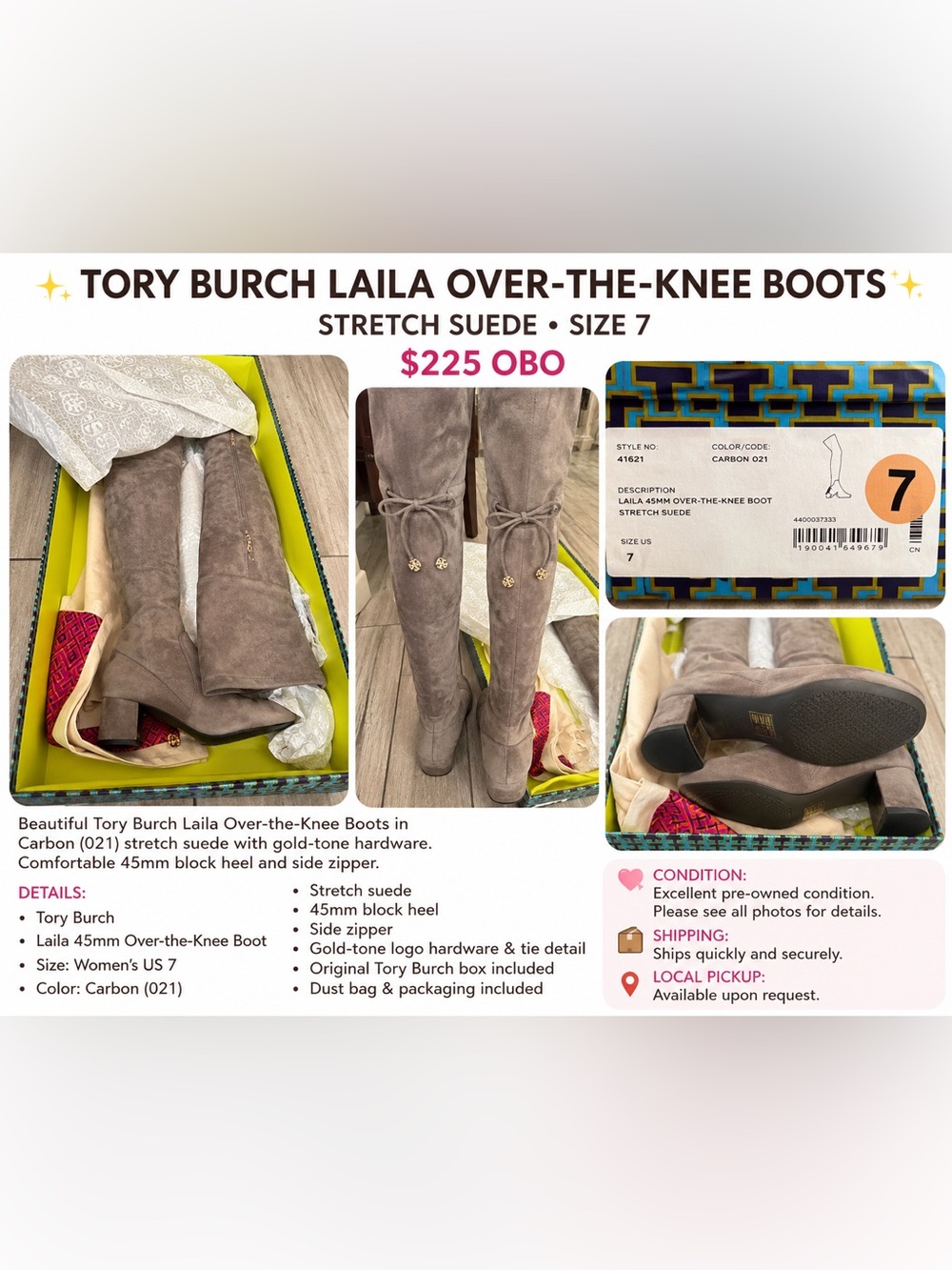 Tory Burch Over-the-Knee Stretch Suede Boots in carbon 021 with Logo Tie